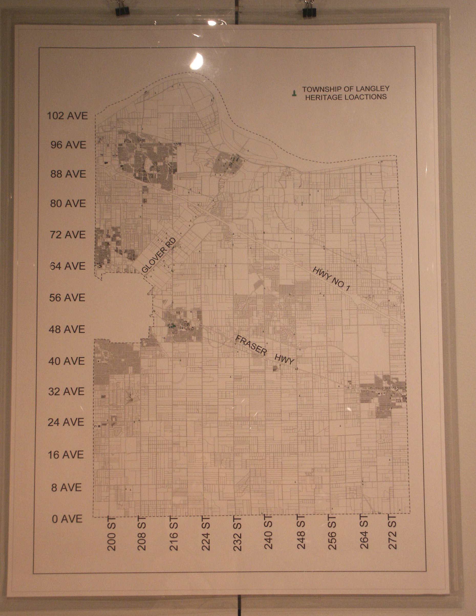 A simple road map of the township with many pinpointed hertiage sites shown [some formally designated by the municipality]
